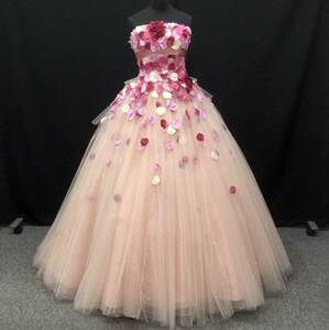 5～9号位★くすみピンク 花びらを散らしたラメチュールレース★ふんわりプリンセスラインのかわいいドレス