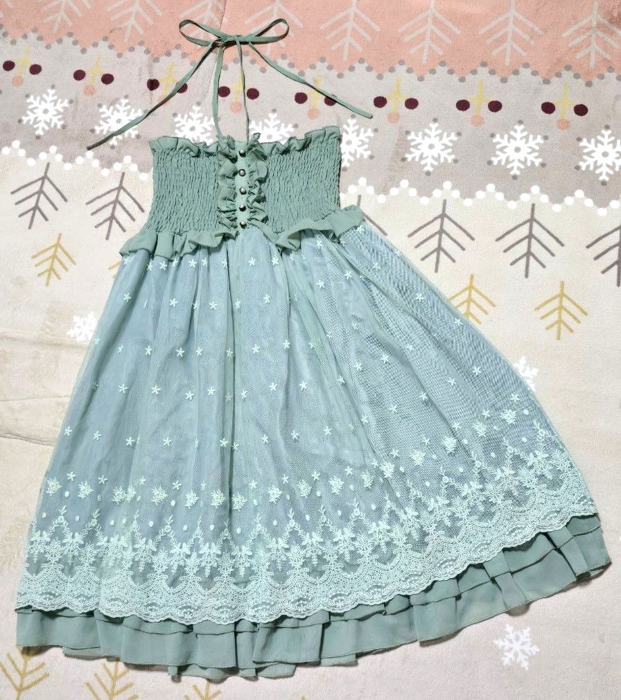 Preview of アクシーズファム 2way ホルターネック ワンピース コルセット スカート 膝丈ワンピ レース 刺繍 フリル ロリータ グリーン