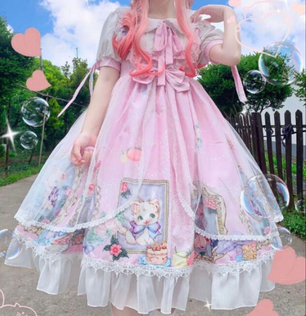 Preview of ロリータ チュールワンピース ピンク 猫柄 フリル レース リボン 半袖