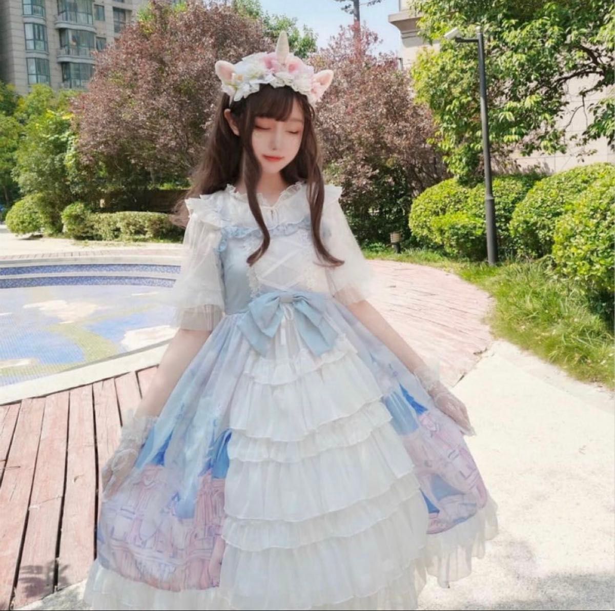 Preview of 【SUNNY】ロリータ ワンピース 水色×白 フリル レース リボン 姫系
