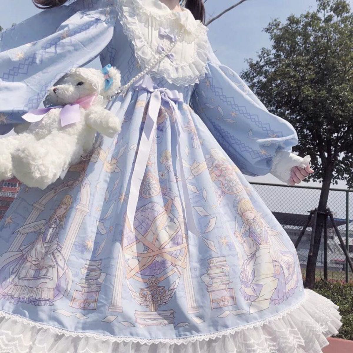 Preview of ロリータ ワンピース 長袖 水色 フリル リボン 天使柄