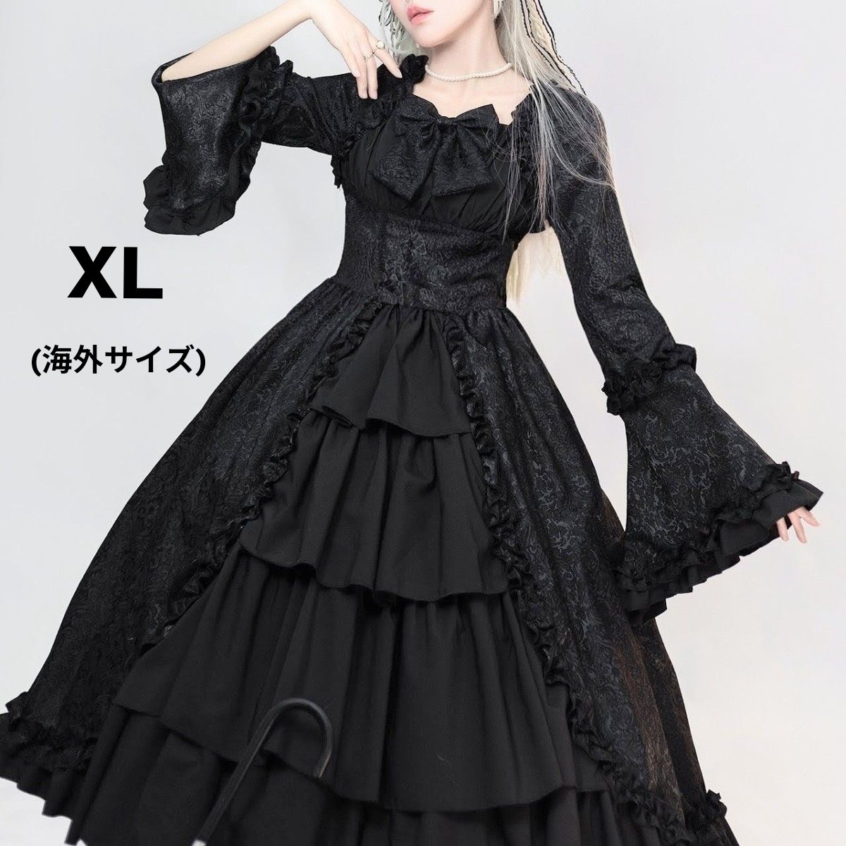 Preview of ジャガード風 宮廷 ゴシック 姫袖 ワンピース クラシカル 闇 ロリータ 長袖 ゴスロリ ハロウィン