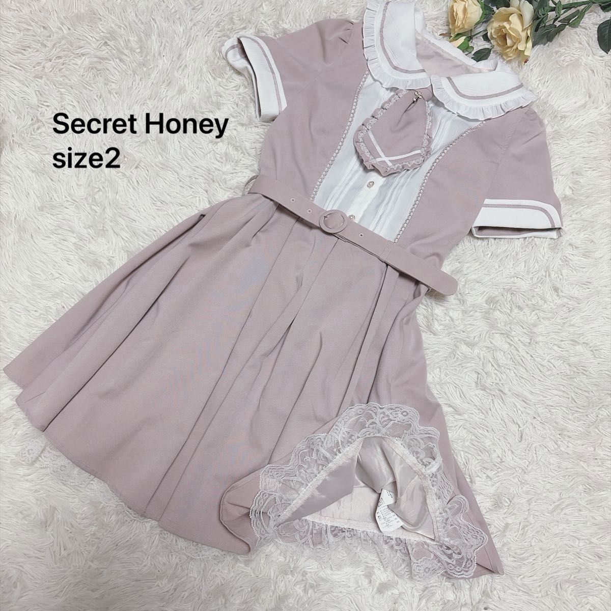 Preview of Secret Honey フリル 半袖ワンピース セットアップ風 ピンクベージュ size2