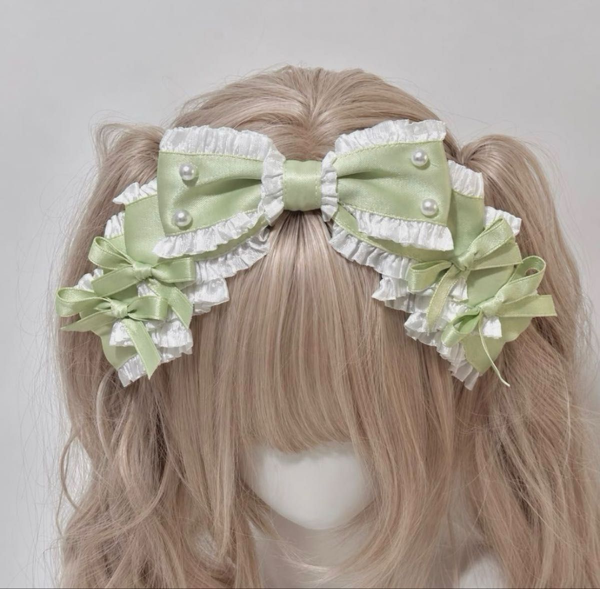 Preview of ロリータ グリーン リボン カチューシャ パール 可愛い アイドル 緑 新品