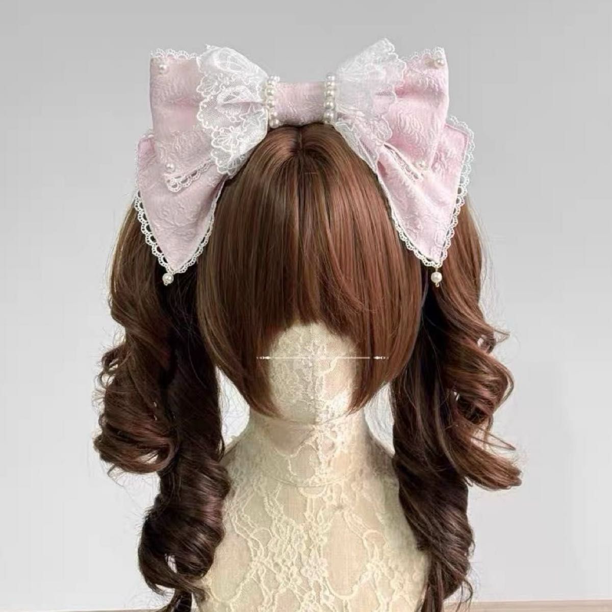 Preview of ロリータ ピンク リボン カチューシャ パール レース かわいい アイドル 新品