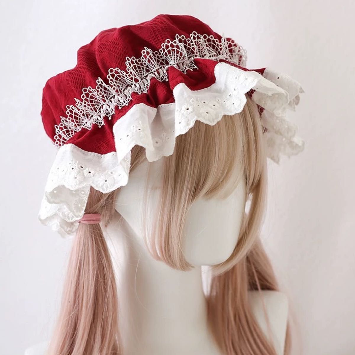 Preview of ロリータ メイド キャップ 赤 帽子 ボンネット クラロリ レッド ボルドー