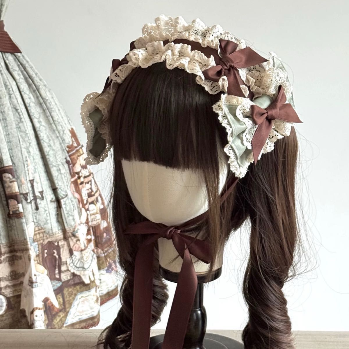 Preview of ロリータ チョコミント レース ヘッドドレス クラロリ ブラウン 可愛い リボン