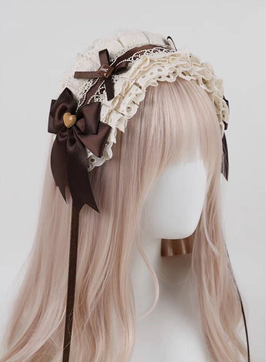 Preview of ブラウンリボンハートレースロリータヘッドドレス
