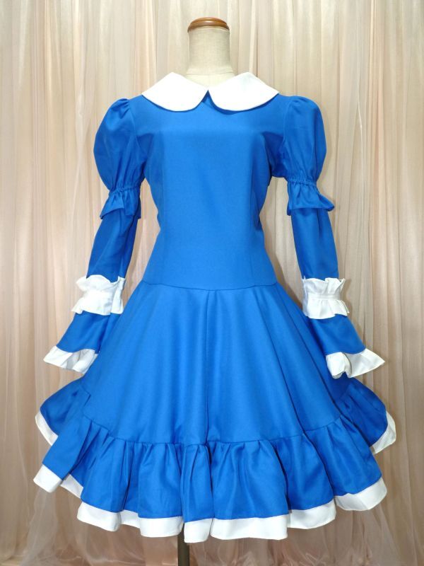 Preview of 9-14☆大きめサイズ/ブルー＆ホワイト/ロリィタゴスロリ/フリルサーキュラースカート/メイド服/W37.B46☆