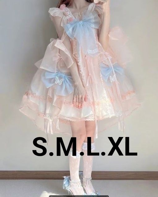 Preview of 新品 ロリータファッション ティアードワンピース ピンク ブルー リボン付き