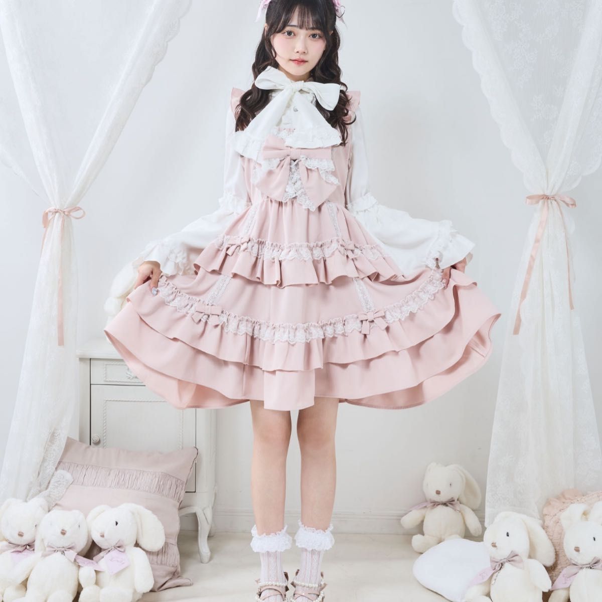 Preview of DearMyloveEmily ディアマイラブエミリー ピンク フリル レース ジャンパースカート ワンピース リボン付き