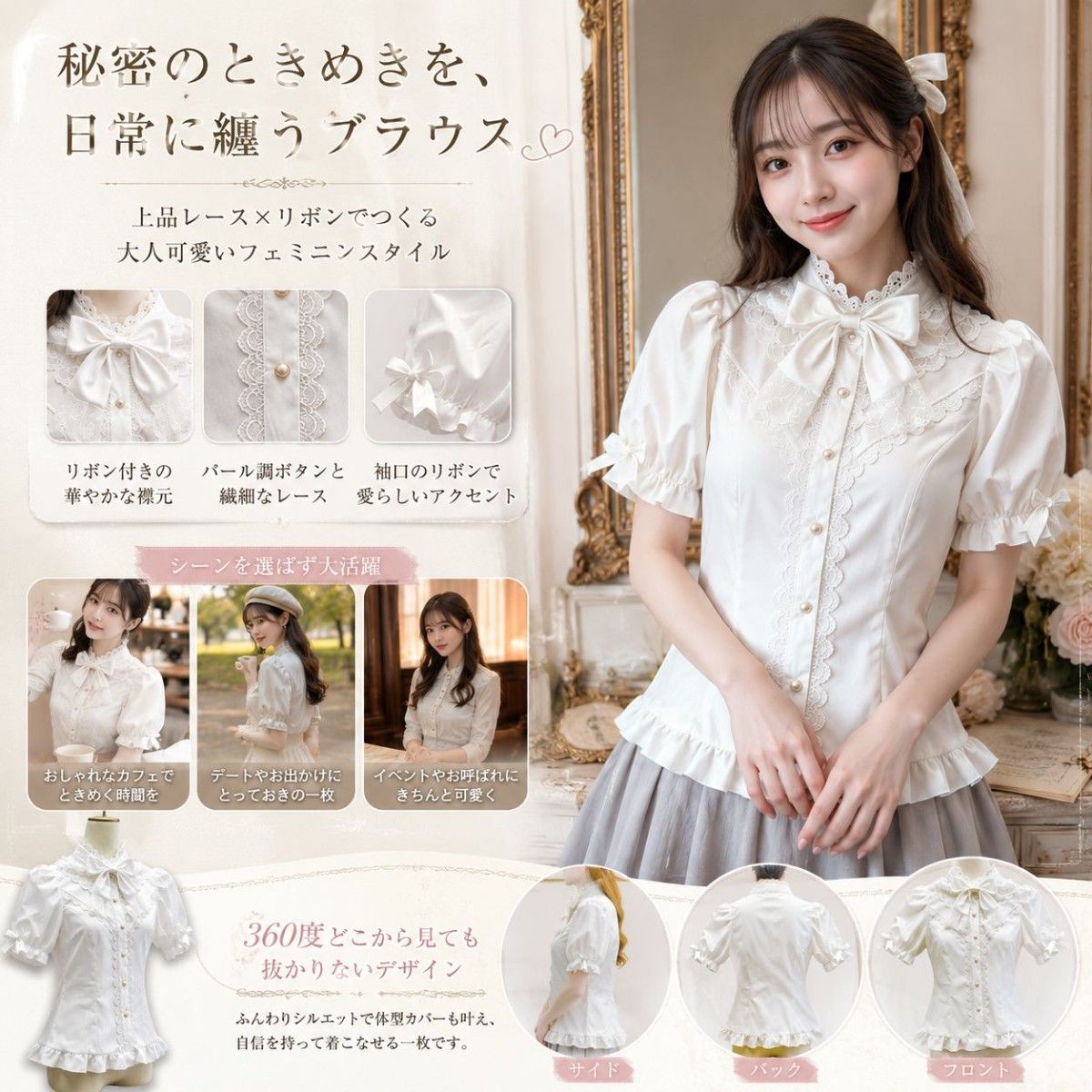 Preview of ★新品★ロリータ 白ブラウス 半袖 パフスリーブ レースフリル リボン付き パールボタン ウエストシェイプ ゴシックロリータ M