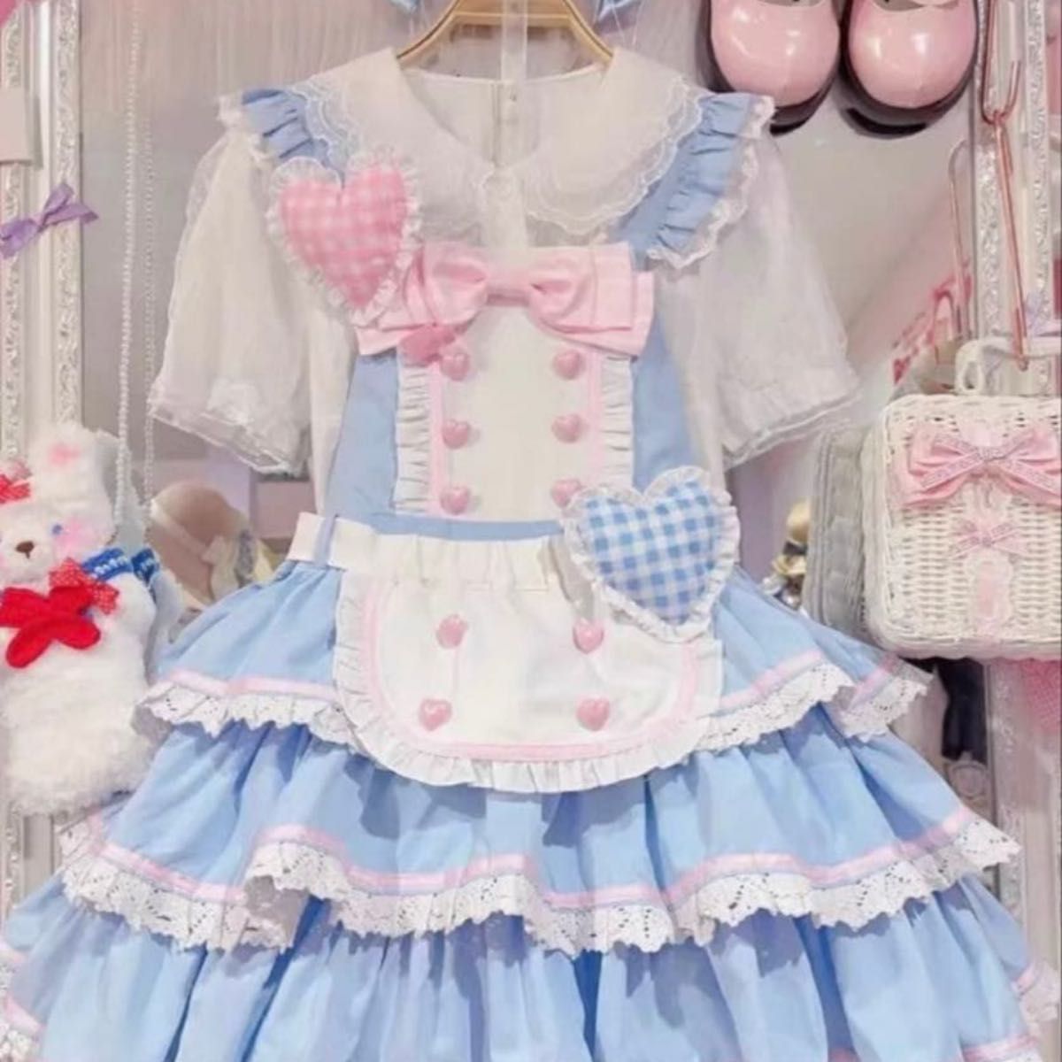 Preview of りょう様専用 ロリータファッション メイドドレス ブルー ピンク リボン ハート カチューシャセット