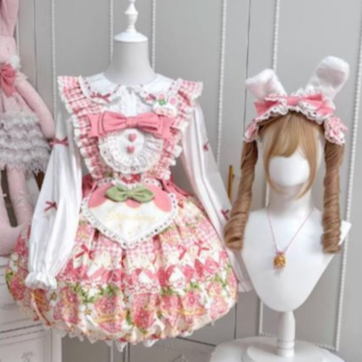 Preview of ロリータ ワンピース ピンク いちご柄 フリル レース リボン 姫系