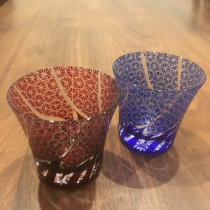 江戸切子　切子　ロックグラス　赤色　青色　セット　和風　鮮やか　キレイ　グラス　工芸品　