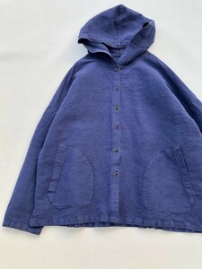 d上着　ブルー　 ゆったり レディースのコート 厚め　麻100％　リネン しっかり品質 羽織物　フードコート　ナチュラル系　重ね着
