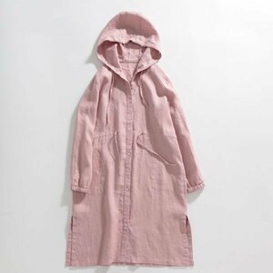 c上着368　長め　ジャケット　羽織物　ピンク色　フリーサイズ　麻100％　リネン　ゆったりとした　チュニック　コート