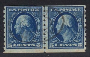 米国　1908年シリーズ　5￠コイル切手（目打8.5）ガイドラインペア　使用済　APS鑑定書付　（#396）