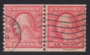 米国　1908年シリーズ　輪転印刷・2￠コイル切手　ジョイント・ラインペア　使用済　APS鑑定書付　（#453）