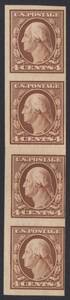 米国　1908年シリーズ　平面印刷・無目打　4￠コイル切手　ペイスト・アップ・４枚ストリップ　未使用・ヒンジ跡あり（#346V）