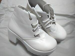 厚底 ショートブーツ 24.5～25.0cm 40サイズ 太ヒール レースアップ ブーツ 靴 ヒール メンズ ブーティ ブーティー 合皮 ホワイト 白
