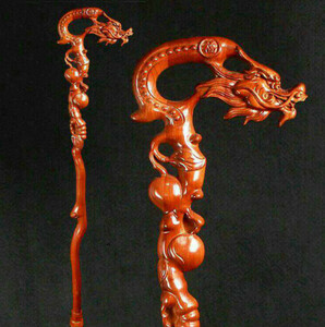 即決# 泰山の桃の木の杖が竜頭の実木彫刻老人の杖