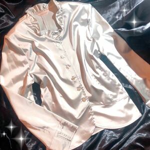 サテン　つるつる　ジャケット　シャツ　光沢　サテン調　サテン　ツルツル　used 美品　Mサイズ　レディース　satin shirt blouse