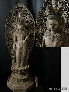井波彫刻　特大型高91cm 仏教工芸品　香樟材　時代彫刻　古美術　木彫仏教　精密彫刻 仏師で仕上げ品　十一面観音菩薩立像