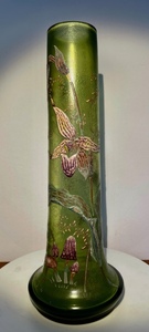 エミール・ガレ　素晴らしいサインの入った 蘭とキノコを描いたアンティークガラス花瓶　本物