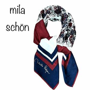# mila schon ミラ・ショーン 大判スカーフ シルクスカーフ シルク100% しなやか やわらか 薄手 赤系×紺系×花柄 イタリア製 