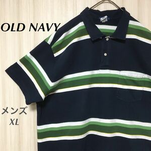 OLD NAVY オールドネイビー　半袖　ポロシャツ　太ボーダー　胸ポケット　紺　ネイビー　緑　グリーン　マルチカラー　XL