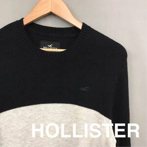 ホリスター HOLLISTER ロングニット セーター ロゴ 刺繍 長袖 丸首 三色 ボーダートップス メンズ ブラック グレー ホワイト Sサイズ ∬★
