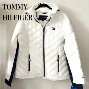トミー ヒルフィガー 新品 ホワイト 白 ロゴ フラッグ パーカー フード ダウンジャケット ダウンコート TOMMY HILFIGER アウター 男女兼用M
