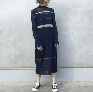 mame kurogouchi　マメ　19SS Nostalgic Pattern Knit Dress ノスタルジック　ニット　ワンピース　ネイビー　2
