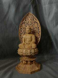 極上品　仏教工芸品　一刀彫　総ケヤキ材　木彫仏像　釈迦如来座像