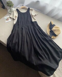 a002-1 ブラック　 麻100％　サロペットスカート　フリーサイズ　ゆったりとした　スカート　オシャレ　(0)