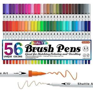 Shuttle Art 水彩毛筆 筆ペン 56色セット 水性ペン カラーペン ツインマーカー ふで 極細 耐久 速乾 子供用 塗り絵 落書き イラスト