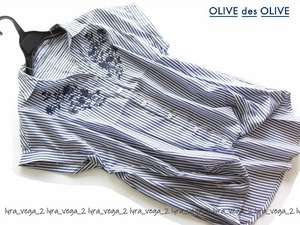 ●新品OLIVE des OLIVE 刺繍ストライプ裾タックブラウス/NV/オリーブデオリーブ●