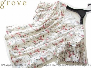 ●新品grove/グローブ プリーツ袖お花柄シフォンブラウス/WH●
