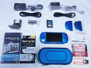 PSP-3000　ブルー　かなり綺麗な美品　液晶画面は、ほぼキズ無し　アダプター2個付き　液晶フィルムは、新品、未使用　全14点セット