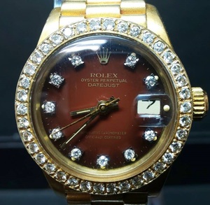【A0505】ROLEX　ロレックス 6917 10P ダイヤ　腕時計 金 k18 レディース/メンズ　ブラウン　ボルドー 稼働品 ゴージャス 金無垢 フルコマ