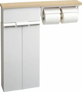 新品『薄型壁付タイプのトイレ収納・ナチュラルな優しい色の木目棚板トイレットペーパーホルダー付』気になる掃除ブラシもスッキリ収納可能