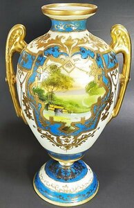 オールドノリタケ 1908年 金彩 ビーズ ジュエル 風景画 19.4cm 花瓶 #0038