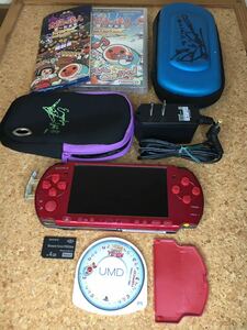【値下げ、美品、動作確認済】SONY PSP 3000 ラディアントレッド 汎用充電器付 メモリスティック4GB付 太鼓の達人ぽーたぶるDX付