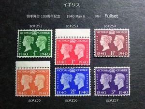イギリス　切手発行100周年 1940 sc♯252~7 Fullset