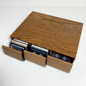 【昭和レトロ】ウッドパネル調 カセットテープ 収納ケース & 中古カセットテープ17本 爪有り 木製 