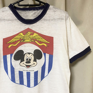 80s USA製 ビンテージ ミッキーマウス Mickey Mouse 染み込みプリント Tシャツ リンガー トリム アメリカ国章 紋章 アメリカ製 vintage古着