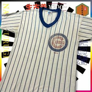 BC2QBB【RUSSELL ATHLETIC】90s USA製 白 青 ラッセル　CUBS　カブス　ベースボールシャツ Tシャツ 古着 希少 レア 202206