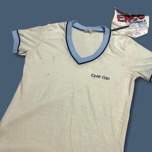 AC2EQM50【ENCO】80s ポリコットン USA製 白　水糸 リンガー　GOD　ゴッド　神　タイト Tシャツ 202206