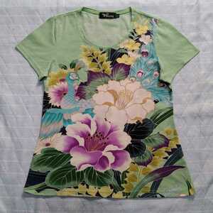 pagong パゴン 半袖Tシャツ S 和柄 花柄 孔雀 芍薬 牡丹